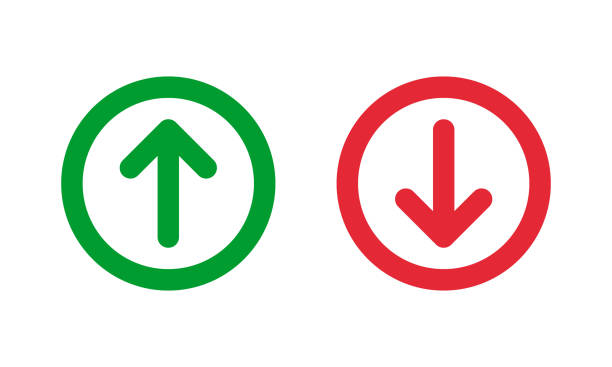 ilustrações de stock, clip art, desenhos animados e ícones de green up and red down arrows, round thin line vector signs - downloading symbol computer icon white background