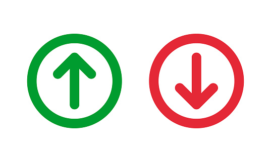 green up and red down arrows, round thin line vector signs