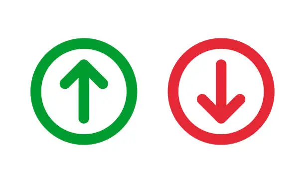 Vector illustration of green up and red down arrows, round thin line vector signs