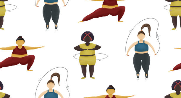 illustrazioni stock, clip art, cartoni animati e icone di tendenza di il fitness sembra un modello senza senso. allenamento sportivo per la salute delle donne grasse. ragazze con corpo obeso. - white background yoga backgrounds relaxation exercise