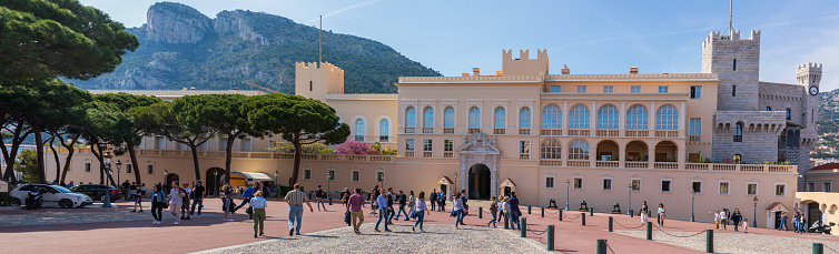 Monaco-ville, Monaco - Apr 18, 2019: The wide panarama of the square in front of the entrance to the palace of the Prince of Monaco in Monaco-ville