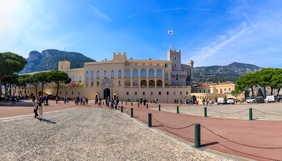 Monaco-ville, Monaco - Apr 18, 2019: Wide panarama of the square in front of the entrance to the palace of the Prince of Monaco in Monaco-ville