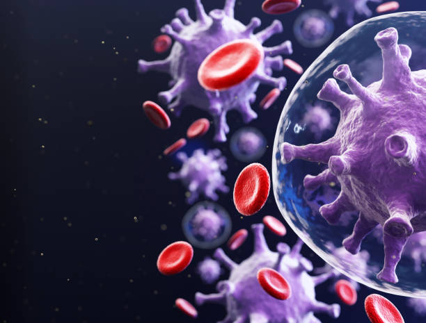 istock Corona virus mixed with blood cells copy space template 1220979425
