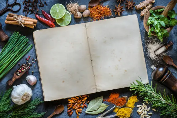 Photo of Vintage cookbook with spices and herbs