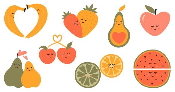 귀여운 과일 세트. 발렌타인 데이에 대한 사랑 과일의 컬렉션입니다. 사과, 배, 수박, 체리, 레몬, 딸기, 아보카도, 바나나. 발렌타인 데이 카드입니다. 흰색 배경에 고립 된 과일. 벡터 - cherry valentine stock illustrations