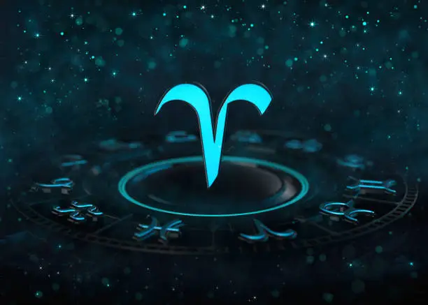 Photo of Zodiac Aries symbol above astrological wheel and bokeh at dark.