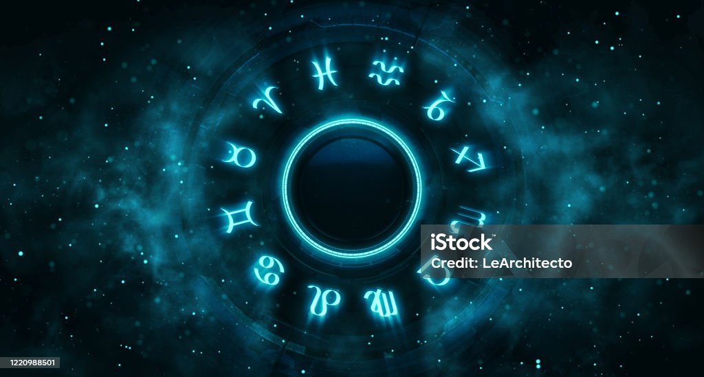 Astrological system with zodiac symbols and particles around. Horoscope background digital illustration. Astrology Stock Photo