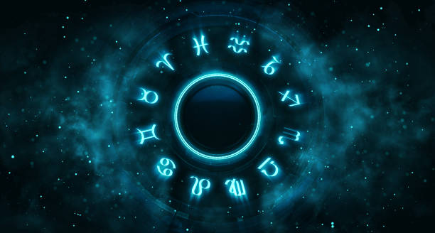 Astrological system with zodiac symbols and particles around. Horoscope background digital illustration. blue ram fish stock pictures, royalty-free photos & images