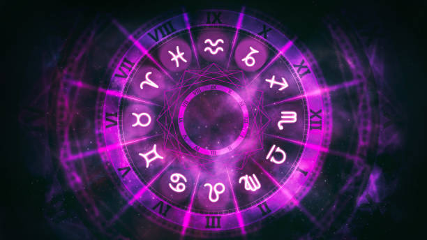 Purple astrological wheel with zodiac symbols and night starry sky. Horoscope background digital illustration. cancer astrology sign photos stock pictures, royalty-free photos & images
