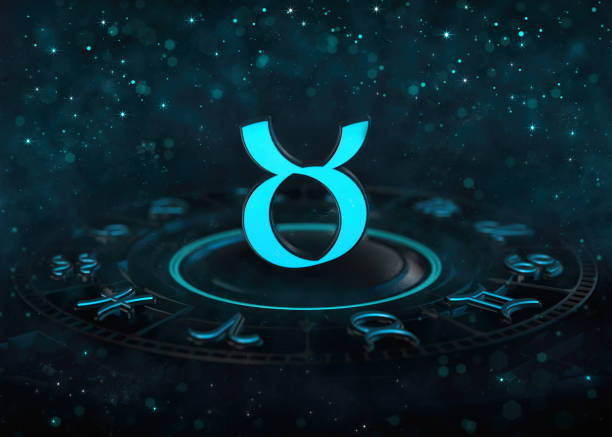 istock Zodiac Taurus symbol above astrological wheel and bokeh at dark. 1220988556
