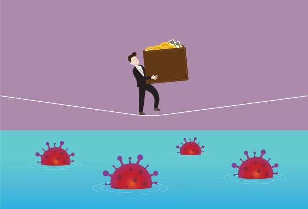 Businessman holds a wallet and walking on a rope with a virus in the sea Home finance, Coronavirus, Bacteria, Accidents and disasters, COVID-19, Outbreak, Vaccine, Tightrope, Banking, Bankruptcy impulse shopping stock illustrations