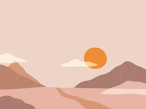 istock Abstract landscape. The sun sets between the mountains, the road goes away. Background with space for text, vector illustration, banner, poster. 1220988758