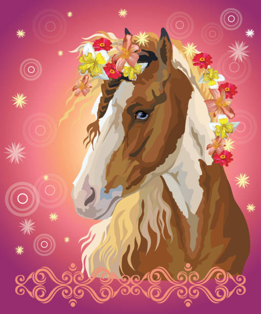 bildbanksillustrationer, clip art samt tecknat material och ikoner med hästporträtt med blommor16 - horse skäck
