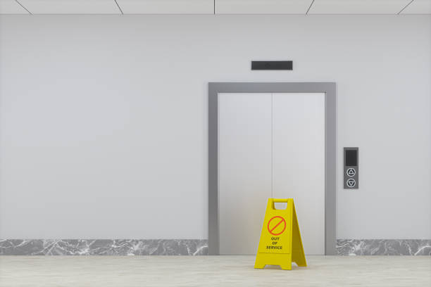 el ascensor en el pasillo, renderizado en 3d. - elevator push button stainless steel floor fotografías e imágenes de stock