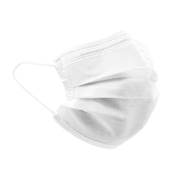 White colour high density 3 ply non woven disposable surgical face mask with elastic ear loops isolated on white background. Eliminates bacteria & pollen.