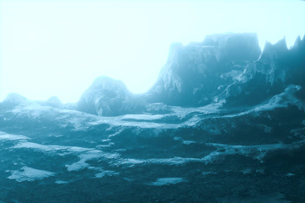 istock Mountain landscape tops covered with snow at night, 3d rendering. 1220995337