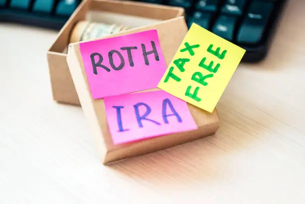 Photo of 401k ira roth on pieces of colorful paper dollars on table. Pension concept. Retirement plans.