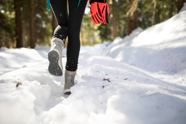 istock Legs of a female hiker walking through snow 1220996920