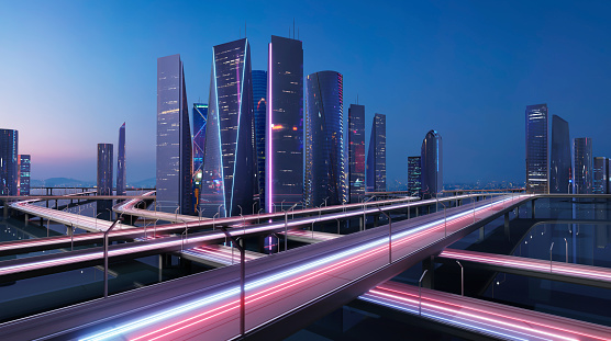 3D rendering beautiful modern virtual cityscape at morning with speedy flyover highway.