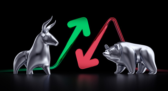Metallic statuettes of a bull and a bear in front of trending arrows which are in between of them and all this on black background. 3D rendering graphics on the theme of Stock Exchange Trading.