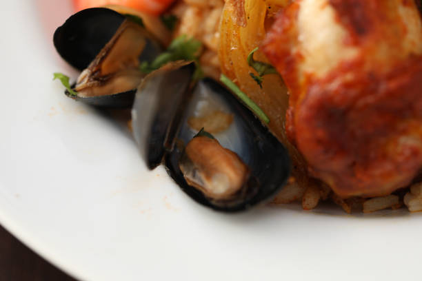 close up on mussels in a dishes corner delicious