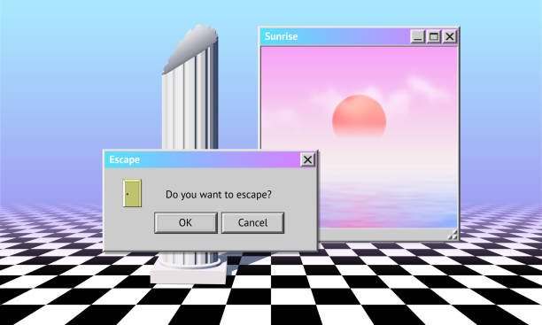90 년대 스타일의 시스템 메시지 창, 손바닥과 분홍색과 파란색 안개로 덮여 체크 무늬 바닥 추상 증기 파 미학 컴퓨터 창 배경 - computer message stock illustrations