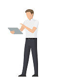 istock Busy Man Using Tablet PC Colorful Vector Banner 1221000845