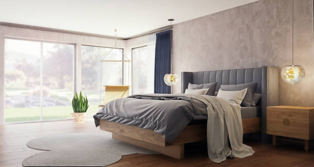 moderne inneneinrichtung von geräumigen schlafzimmer mit großen fenstern und garten und wald im hintergrund, 3d-rendering, 3d-illustration - polstermöbel stock-fotos und bilder