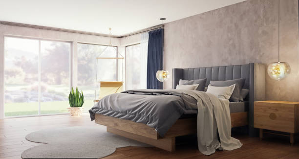 design interno moderno di spaziosa camera da letto con grandi finestre e giardino e foresta sullo sfondo, rendering 3d, illustrazione 3d - headboard foto e immagini stock