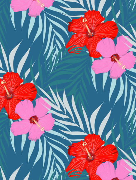 istock Floral vector pattern, vector Design with Shoe Flower, Hibiscus, Chinese rose and palm leaves.  Pattern is clean for fabric, wallpaper, printing. Pattern is on swatches panel 1221007390