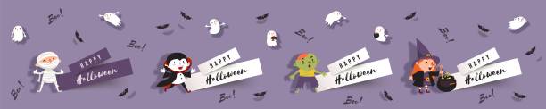ilustraciones, imágenes clip art, dibujos animados e iconos de stock de halloween establecer carteles de papel con bruja, vampiro, fantasma, zombie, momia, murciélago - witch halloween cauldron bat