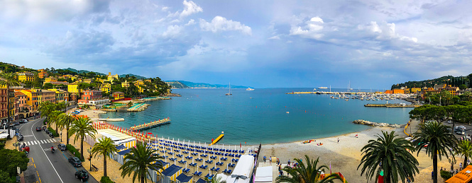 Scenic view of Santa Margherita Ligure harbor and promenade on the Italian Riviera. Beautiful mediterranean landscape, Italy, Liguria, Genoa, Europe.
