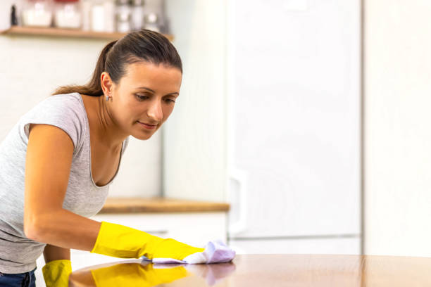 istock Charming female in protective gloves cleaning kitchen using spray and cloth. 1221009686