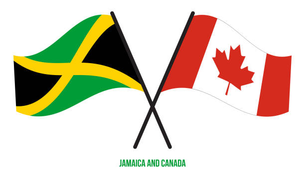 bildbanksillustrationer, clip art samt tecknat material och ikoner med jamaica och kanada flaggor korsade och viftande platt stil. officiell andel. rätt färger - welcome to jamaica