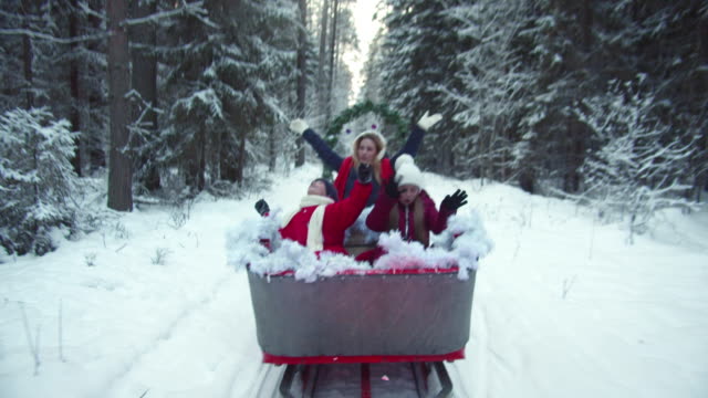 Family happily waving while riding a sleigh