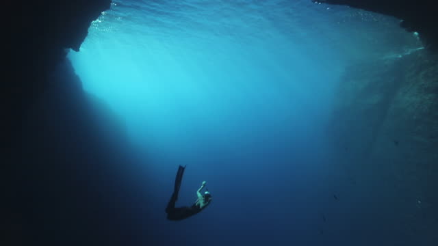 Beautiful young woman diving into blue 4k video
