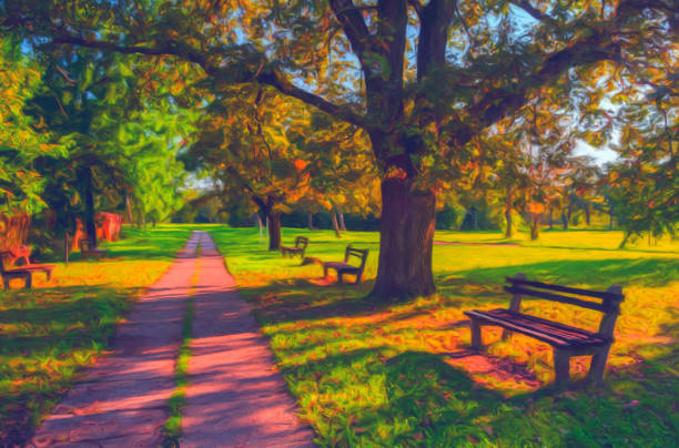 Oil landscape painting showing public park on a sunny summer day.