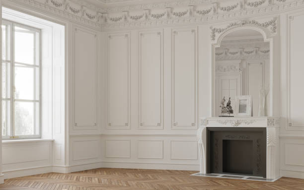 istock Bright, light and empty white colored room with big windows. Fireplace and wall decoration. 3d rendering. 1221014194