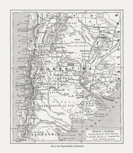 ilustraciones, imágenes clip art, dibujos animados e iconos de stock de mapa histórico de argentina, grabado en madera, publicado en 1893 - chile map topography topographic map