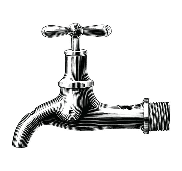 Vintage water tap hand drawing engraving illustration black and white clip art isolated on white background