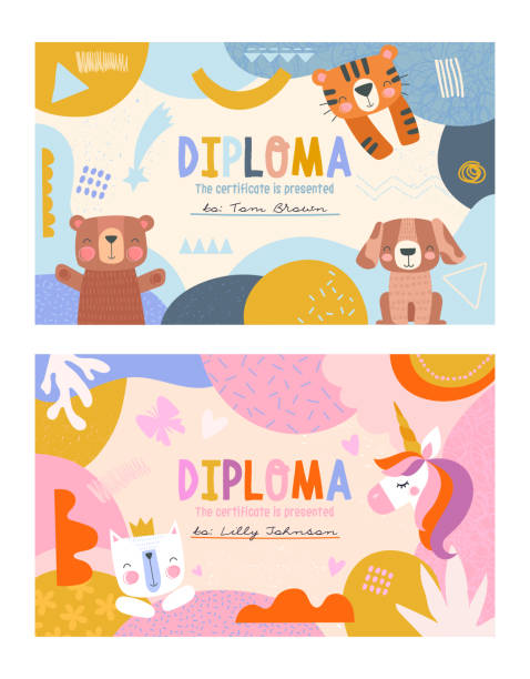 남자와 여자를위한 디플로마 템플릿 - paper education preschool blank stock illustrations