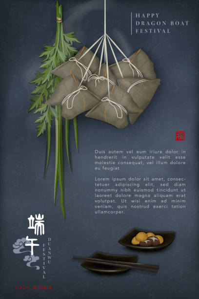 illustrazioni stock, clip art, cartoni animati e icone di tendenza di happy dragon boat festival modello di sfondo cibo tradizionale gnocchi di riso alimentare e assenzio. traduzione cinese: duanwu e benedizione - calamo aromatico