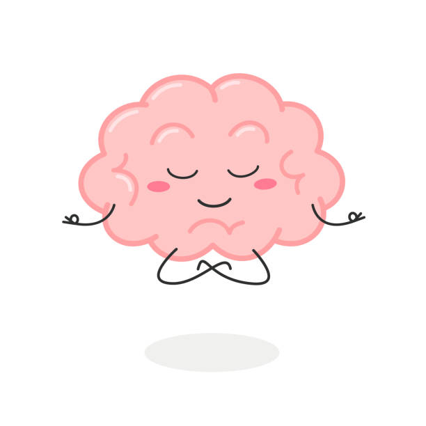 연꽃 포즈에서 만화 뇌 캐릭터 명상 - 사람 뇌 일러스트 stock illustrations