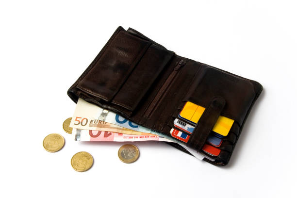 wallet whith euros - credit crunch wallet home finances credit card imagens e fotografias de stock