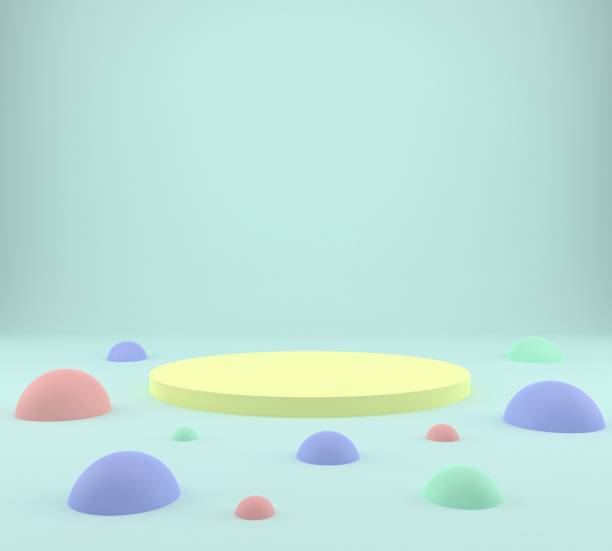 istock 3d rendering studio with geometric shapes, podium on the floor. Platforms for product presentation, mock up background. 1221025234