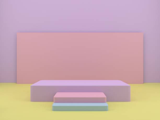 istock 3d rendering studio with geometric shapes, podium on the floor. Platforms for product presentation, mock up background. 1221025244