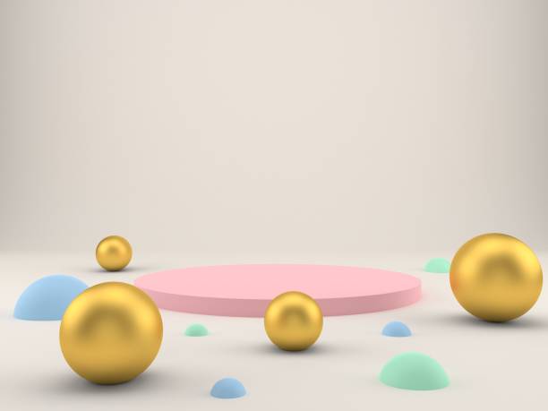 istock 3d rendering studio with geometric shapes, podium on the floor. Platforms for product presentation, mock up background. 1221025439