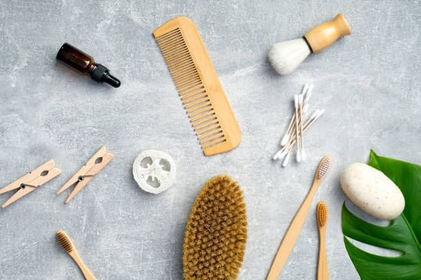 istock Eco-friendly bath accessories and personal hygiene products on stone background. SPA treatment at home, body care concept. Flat lay, top view 1221025625