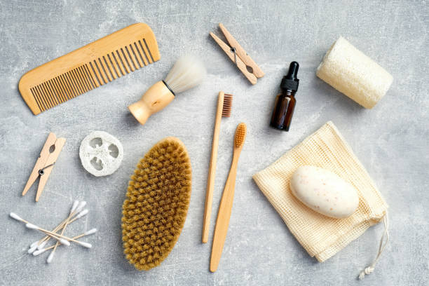 istock Flat lay composition with bath cosmetics and accessories on stone table. SPA treatment at home, body care concept 1221025632