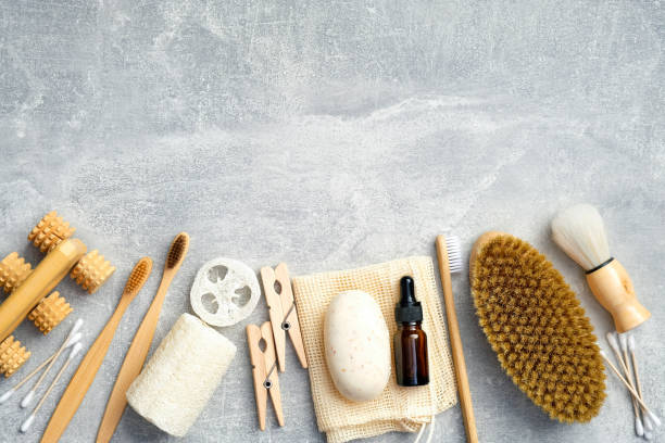 istock Bath accessories and personal hygiene products on stone background. Flat lay, top view. SPA beauty treatment and body care concept 1221025654